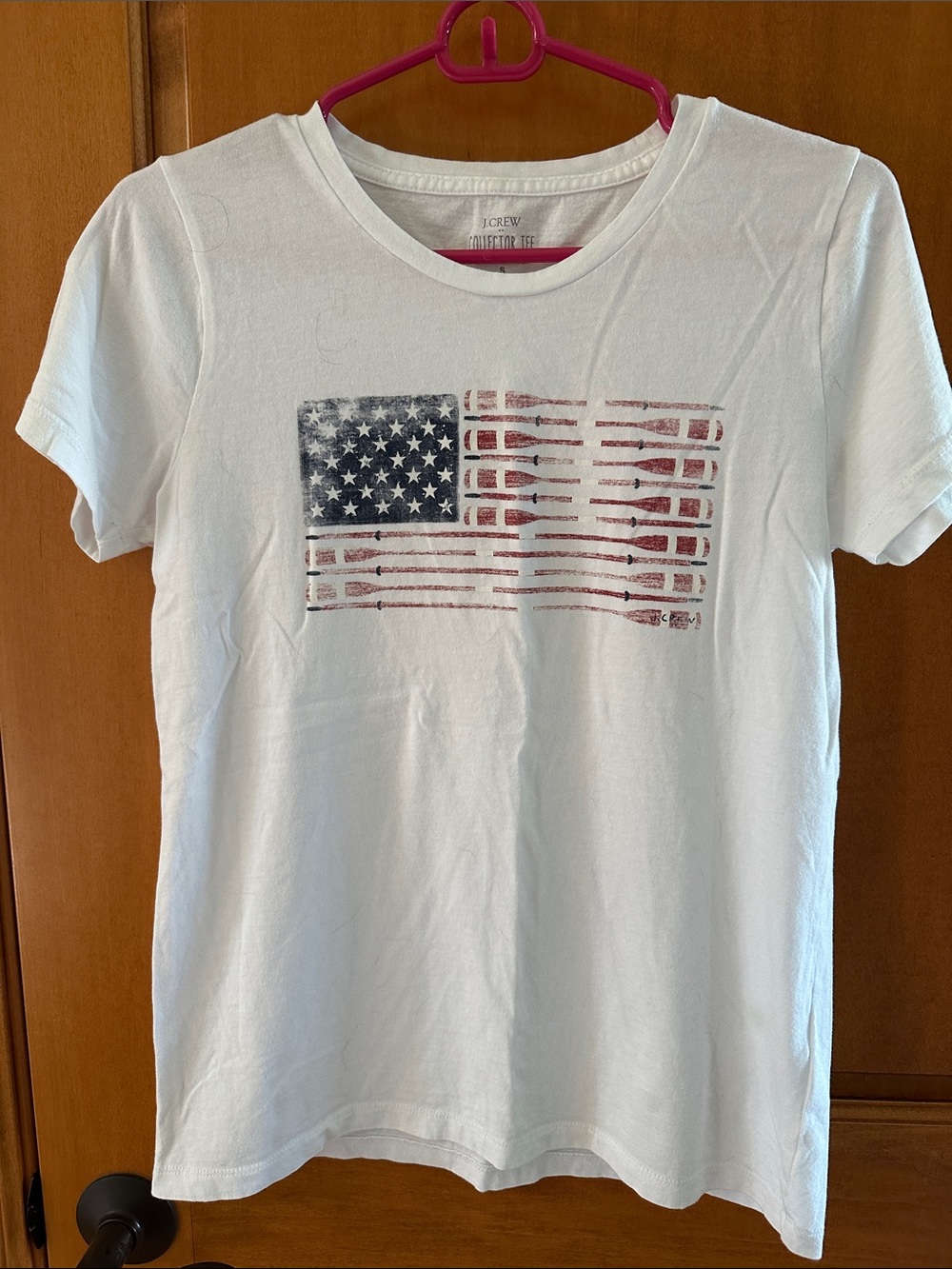J. Crew Collector Tee White Tee with Distressed Red and Blue Flag Graphic
